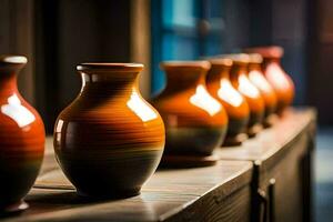 a row of vases lined up on a table. AI-Generated photo