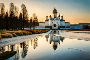 el kremlin a puesta de sol con el reflexión de el Iglesia en el agua. generado por ai foto