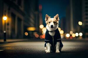 un perro en un chaqueta sentado en el calle a noche. generado por ai foto