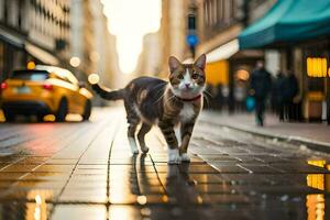 a cat walking on a city street at dusk. AI-Generated photo