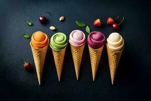 five ice cream cones with different flavors on a black background. AI-Generated photo