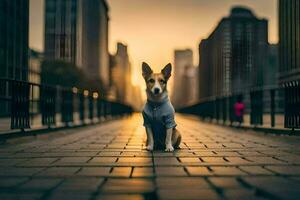 a dog sitting on a brick walkway in the city. AI-Generated photo