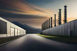 a factory with a road leading to it. AI-Generated photo