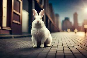 blanco Conejo sentado en el calle en frente de ciudad edificios generado por ai foto