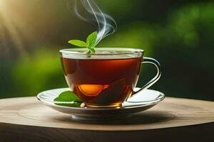 a cup of tea with mint leaves on a wooden table. AI-Generated photo