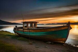 un barco se sienta en el apuntalar a puesta de sol. generado por ai foto