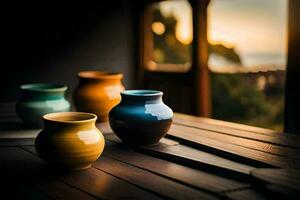 three colorful vases sit on a wooden table. AI-Generated photo