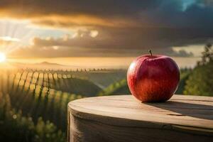 a red apple on a wooden table in front of a sunset. AI-Generated photo