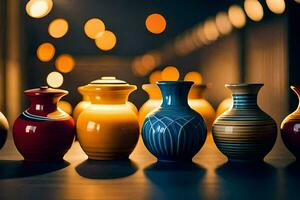 a row of colorful vases on a table. AI-Generated photo