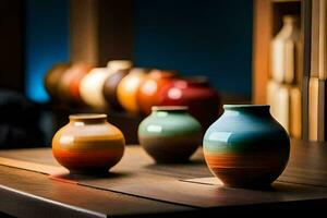 a row of colorful vases sit on a table. AI-Generated photo
