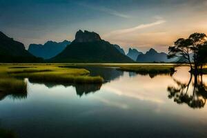 the sunrise over the li river in china. AI-Generated photo