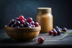 uvas en un cuenco y un tarro de maní manteca. generado por ai foto