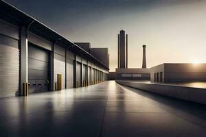 a long empty warehouse with a factory building in the background. AI-Generated photo