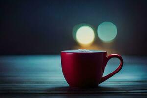 un rojo taza de café en un de madera mesa. generado por ai foto