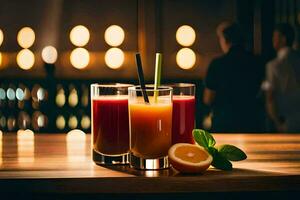 three glasses of juice on a bar counter. AI-Generated photo