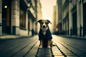 a dog wearing a jacket sits on the street. AI-Generated photo