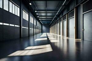an empty warehouse with open doors and windows. AI-Generated photo