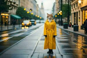 a cat wearing a yellow raincoat on a city street. AI-Generated photo