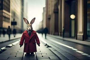 a rabbit wearing a red coat and tie standing on a street. AI-Generated photo