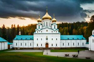 the white church with gold domes is surrounded by trees. AI-Generated photo