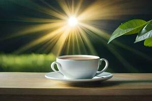 a cup of tea on a wooden table with a green leaf. AI-Generated photo