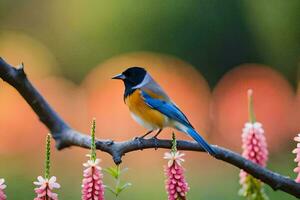 un pájaro se sienta en un rama con rosado flores generado por ai foto