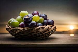 grapes in a basket on a table with the sun setting. AI-Generated photo