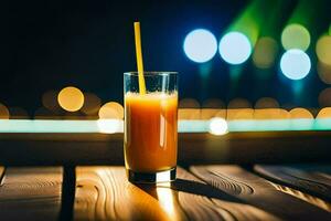 naranja jugo en un vaso en un de madera mesa. generado por ai foto