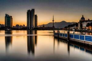 the city skyline is reflected in the water at sunset. AI-Generated photo