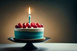 a blue cake with raspberries on top. AI-Generated photo