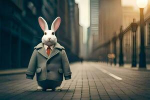 a white rabbit wearing a suit and tie standing on a street. AI-Generated photo
