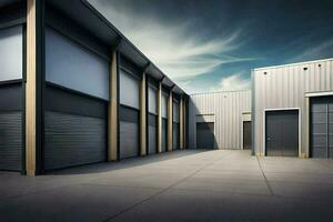 a large warehouse with two doors and a sky background. AI-Generated photo