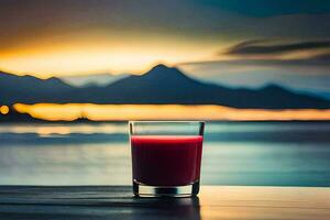 glass of juice on the table with mountains in the background. AI-Generated photo