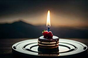 a single candle on a chocolate cake with a strawberry on top. AI-Generated photo