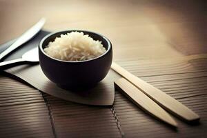 a bowl of rice and chopsticks on a bamboo table. AI-Generated photo