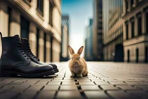 un Conejo es en pie siguiente a un par de negro botas. generado por ai foto
