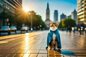 a cat wearing a cape on the street. AI-Generated photo