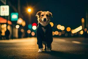 a dog wearing a suit and tie standing on the street at night. AI-Generated photo