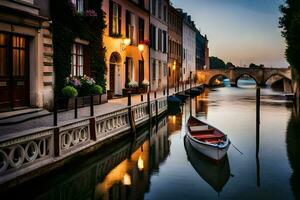 a boat is docked in a canal at dusk. AI-Generated photo