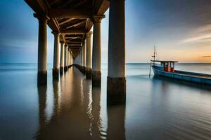 a boat sits under a pier at sunset. AI-Generated photo