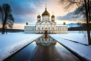 el ruso ortodoxo catedral en el nieve. generado por ai foto
