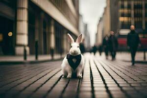 a white rabbit wearing a bow tie on a brick road. AI-Generated photo