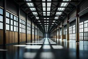 an empty warehouse with lots of windows and sunlight. AI-Generated photo