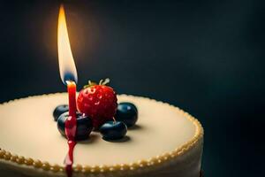 a birthday cake with a single candle and berries. AI-Generated photo