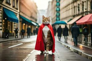 a cat dressed as a superhero walks down a street. AI-Generated photo