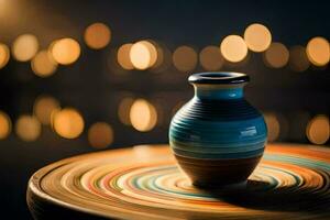a vase on a table with lights in the background. AI-Generated photo