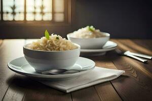 two bowls of rice on a wooden table. AI-Generated photo