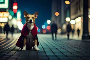 un perro vistiendo un rojo capa en un ciudad calle. generado por ai foto