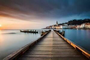 un de madera muelle estiramientos fuera dentro el Oceano a puesta de sol. generado por ai foto