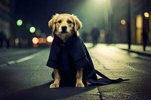 a dog in a cloak sitting on the street at night. AI-Generated photo